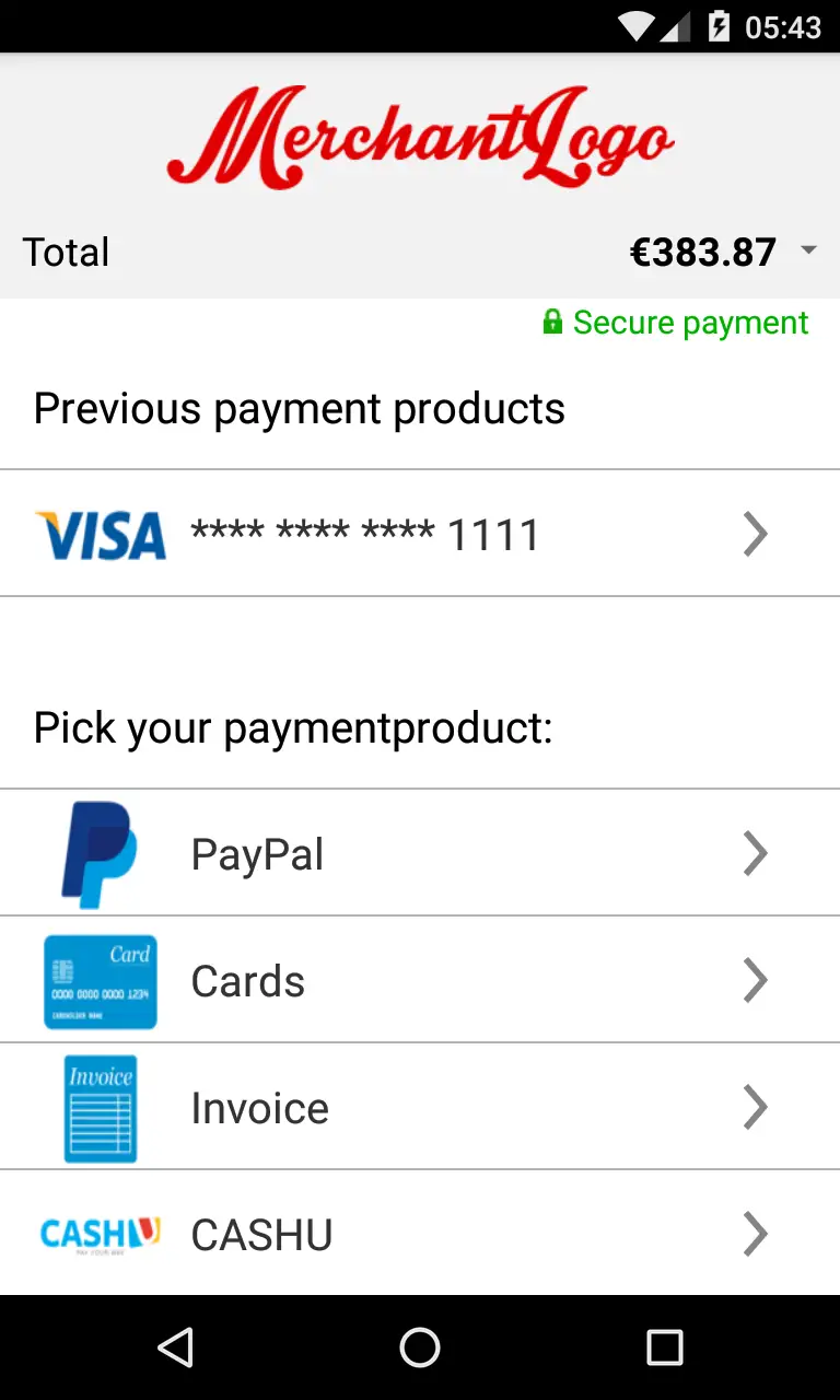 L’image ci-dessus montre un écran de paiement mobile affichant le montant total et des options de paiement via Visa, PayPal, Cartes, Facture ou CASHU.