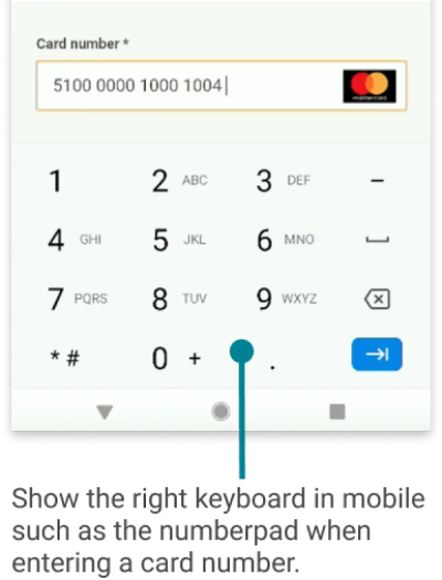 The image above shows a mobile screen with a number pad for entering a card number during checkout.